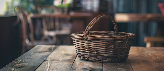 An empty basket on a table featuring copy space image