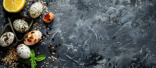 Aufkleber - Food concept featuring quail eggs lemon sesame and spices on a rustic dark surface with available copy space image