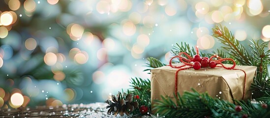 Aufkleber - Festive holiday backdrop featuring Christmas tree branches and a gift box against a bright background perfect for adding your own image. Creative banner. Copyspace image