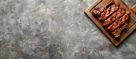 Poster - Top view of sliced grilled pork chop or T bone steak on a wooden board set against a gray background with available copy space image