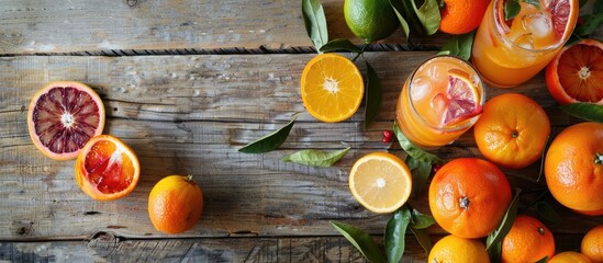 Poster - Copy space image featuring a summery citrus beverage made with classic and red Sicilian oranges arranged on a rustic wooden table alongside whole and sliced oranges