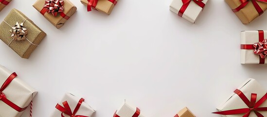 Aufkleber - There is a top down perspective of present boxes against a white backdrop with ample copy space image