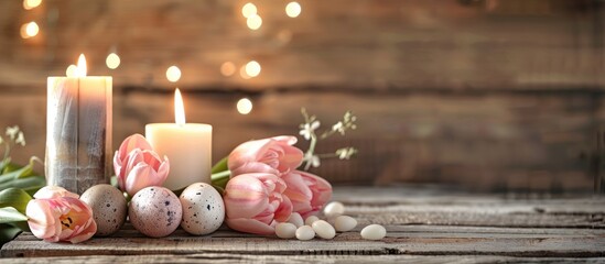 Aufkleber - Easter themed decorations including eggs pink tulips and scented candles are displayed on a rustic wooden backdrop with ample copy space image