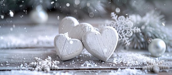 Poster - Festive greeting card with a snowfall effect features white wooden hearts snowflakes and ample copy space for an image in a Christmas and New Year theme