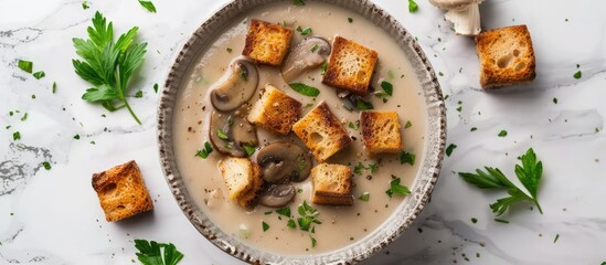 Aufkleber - Top down view of a tasty mushroom cream soup with croutons on a white marble surface featuring copy space image