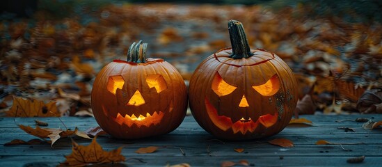 Poster - Two Jack o lantern pumpkins with different expressions arranged horizontally on a dark wooden surface set against a backdrop of autumn leaves offering copy space for an image