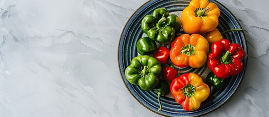 Poster - A variety of fresh bell peppers in different colors arranged on a blue plate against a white backdrop The image focuses on the multicolored peppers from a top view leaving space for text or other ele