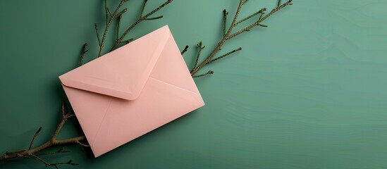 Poster - A light pink envelope rests on a green background with a green twig in a close up shot providing a setting for text in the copy space image