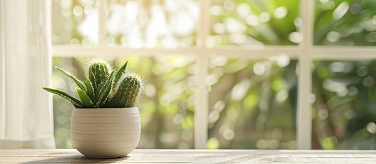Poster - A green cactus displayed on a table by a window in the garden creating a peaceful ambience with copy space image