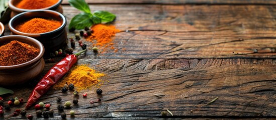 Poster - Indian spices arranged attractively on a wooden surface with copy space image