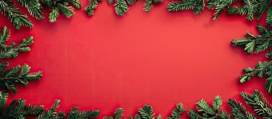 Poster - View from above of a festive red Christmas background created with green fir branches forming a frame around a central copy space image