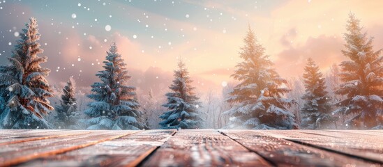 Poster - Winter landscape with snowy fir trees on a wooden table top creating a festive Merry Christmas and happy New Year greeting background suitable for copy space image