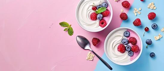 Aufkleber - Space for text on pink and blue background with bowls filled with yogurt berries spoons and a glass suitable for insertion of a copy space image