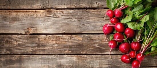 Aufkleber - Fresh red radishes on a wooden background with ample copy space for custom text or images