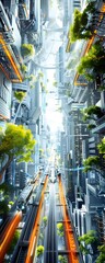 Wall Mural - Futuristic Cityscape with Elevated Train and Green Trees.