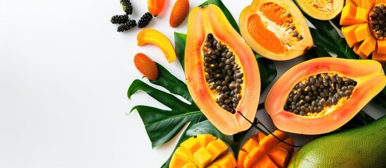 Aufkleber - Top view of fresh ripe papaya and other fruits on a white background with copy space image
