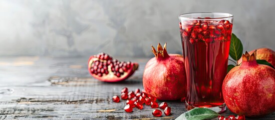 Poster - A glass of revitalizing pomegranate juice with leaves and fruits set on a dark wooden surface against a white backdrop providing ample room for text in the image