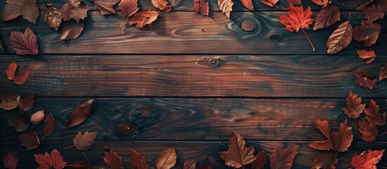 Fototapete - Top down view of a rustic wooden table adorned with vibrant fall leaves perfect for Thanksgiving or autumn themed compositions with plenty of room for text or images. Creative banner. Copyspace image