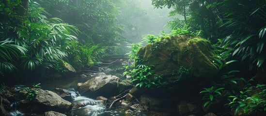 Poster - A picturesque rock surrounded by lush greenery near a flowing stream in the forest with a blank space for inserting an image. Creative banner. Copyspace image