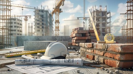 Construction site tools and blueprints with a hard hat, level, tape measure and partially built brick wall.