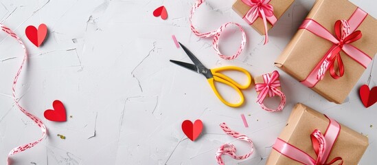 Aufkleber - Preparing beautifully wrapped gift boxes for wedding presents with pink ribbons yellow scissors and red cardboard hearts on a white background with copy space image