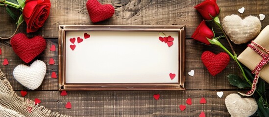 Fototapete - Top view of a Valentine s Day themed arrangement on a table featuring a photo frame or greeting card handmade hearts and ample copy space image