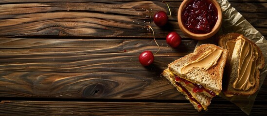 Poster - Wooden background with a delicious homemade peanut butter and cherry jelly sandwich perfect for a copy space image
