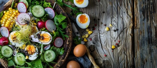 Aufkleber - Top view of a fresh vegetable salad with corn radish onion cucumber and quail eggs on a wooden surface offering free copy space image