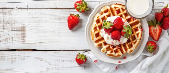 Sticker - Top down view of a white wooden surface featuring nutritious vegan rice waffles topped with yogurt strawberries and a glass of milk next to a copy space image