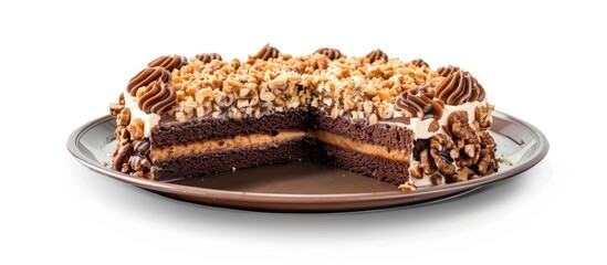 Poster - A walnut toffee cake presented on a plastic plate against a white background with ample copy space isolated includes a clipping path for easy editing
