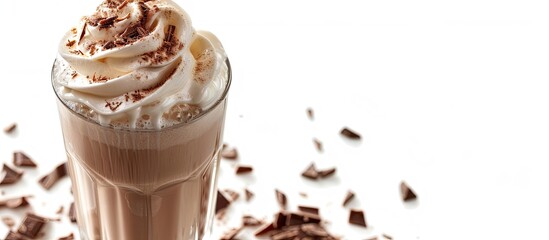 A glass of chocolate milkshake on a white background with copy space image