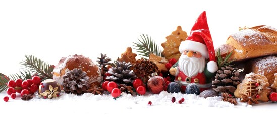 Fototapete - Italian Panettone sweets and festive gnomes A Christmas composition against a white background with copy space image available