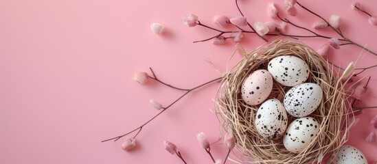 Poster - Easter greeting card with white basket of quail eggs and dry grass branch on pink background featuring copy space image for a religious themed pastel colored spring design