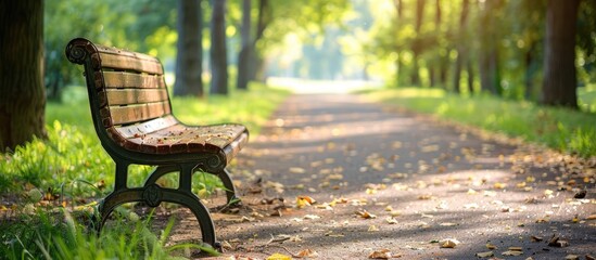 Poster - Park bench on a pathway with a copy space image