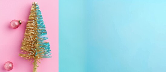 Poster - Festive New Year background featuring a pink and blue color scheme alongside a small toy golden homemade Christmas tree on a flat lay copy space image