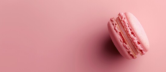 Poster - Top view of a pink macaroon biscuit on a pink background with copy space image emphasizing minimalistic food styling