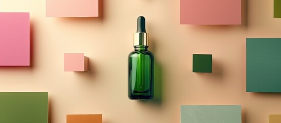Aufkleber - Minimal concept for advertising and product promotion featuring a green serum bottle with dropper cap on a beige background surrounded by colorful square acrylic sheets creating an eye catching copy