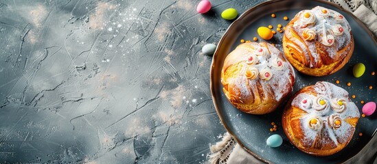 Aufkleber - Orthodox Christian Easter themed cake pastries are sweet yeast desserts commonly found as treats or snacks on the table during the Easter holiday with a copy space image for food backgrounds