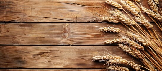 Aufkleber - Wheat ears set on wooden backdrop depicting Mediterranean diet Ideal for copy space image