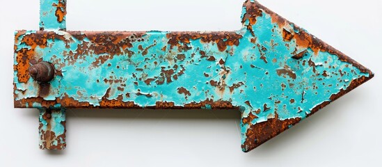Aufkleber - Rusty iron plate with peeling coating and scratches in cyan arrow shape on white backdrop ideal for copy space image