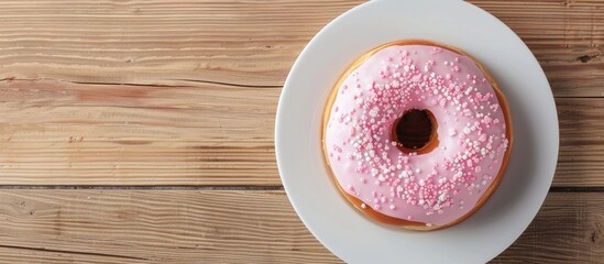 Poster - Top view of a single pink donut displayed on a plate atop a wooden table with room for additional text or images in the frame