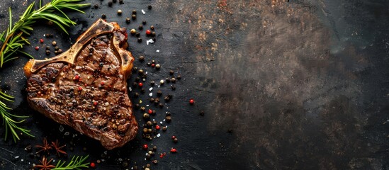 Poster - Savory t bone steak with seasonings on a dark surface with copy space image
