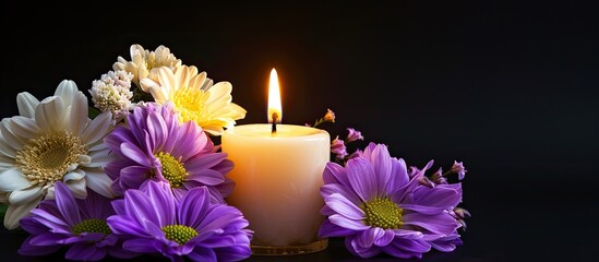 Poster - Purple and white flowers arranged with a glowing white candle symbolizing sympathy and condolences set against a black background with copy space image