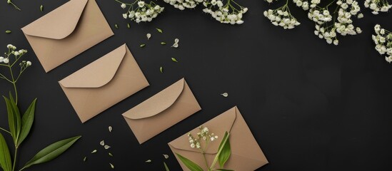 Wall Mural - Top view of wedding themed craft envelopes displayed against a black background accompanied by paper cards white flowers and ample copy space for a memorable date organization concept