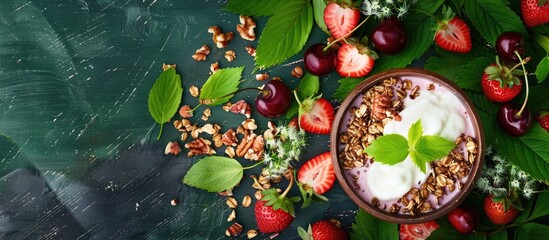 Aufkleber - Vegetarian breakfast bowl with granola strawberries cherries nuts and yogurt set against a backdrop of green foliage with a copy space image available