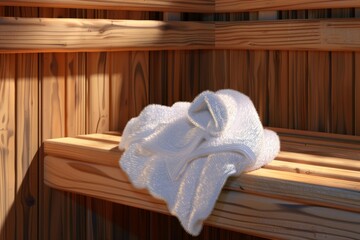 Close-up of a wooden sauna bench with a fluffy white towel draped over it Illustration --ar 3:2 --style raw Job ID: cbb94dcd-a9ee-4593-892e-d8f5c8feae91