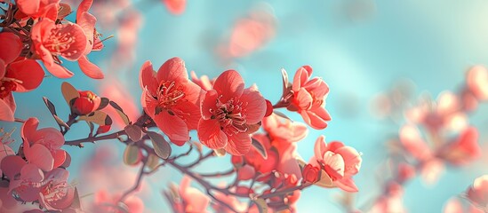 Leinwandbilder - Vivid red Japanese quince flowers set against the backdrop of the sky on a flowering shrub The image boasts a saturated color palette with copy space a natural background shallow depth of field and s