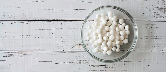 Aufkleber - Glass dish with sugar coated pills placed on a white wooden surface creating a visually appealing copy space image
