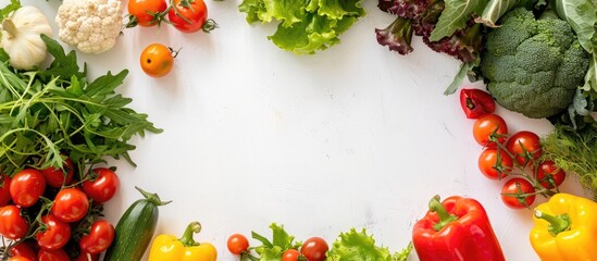 Sticker - Various fresh vegetables creating a frame on a white background suitable for copy space image