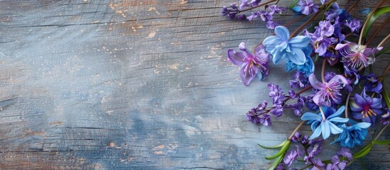 Aufkleber - Purple corydalis and blue scilla flowers on a wooden backdrop symbolizing the first signs of spring perfect for Valentine s Women s and Mother s Day cards Top down shot with empty space for text or i
